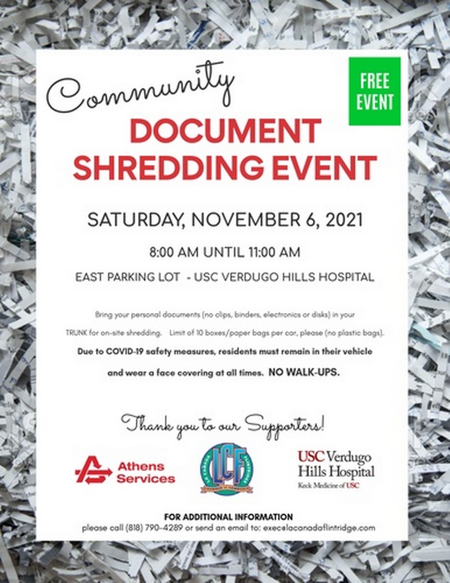 FREE Document Shredding Event Nov 6, 2021 La Cañada Flintridge